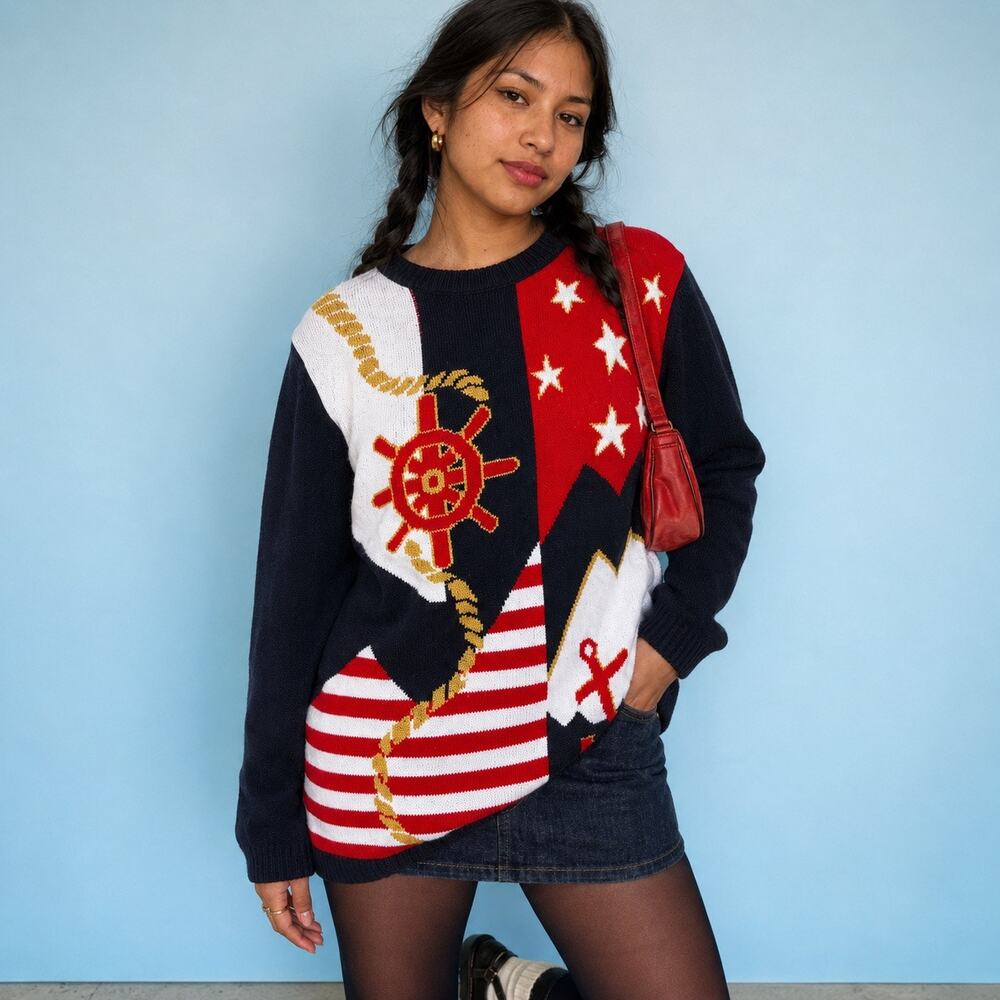 Vintage Alfred Dunner Nautical Anchor Flag Stars Sweater Medium Made USA